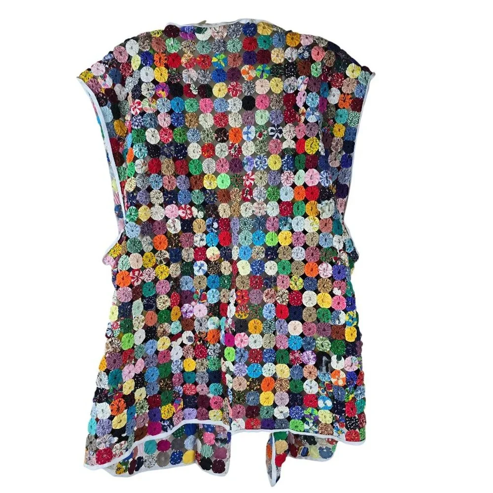 Handmade Yo-Yo Patchwork Vest - Colorful Folk Art Wearable Boho - Picture 2 of 5